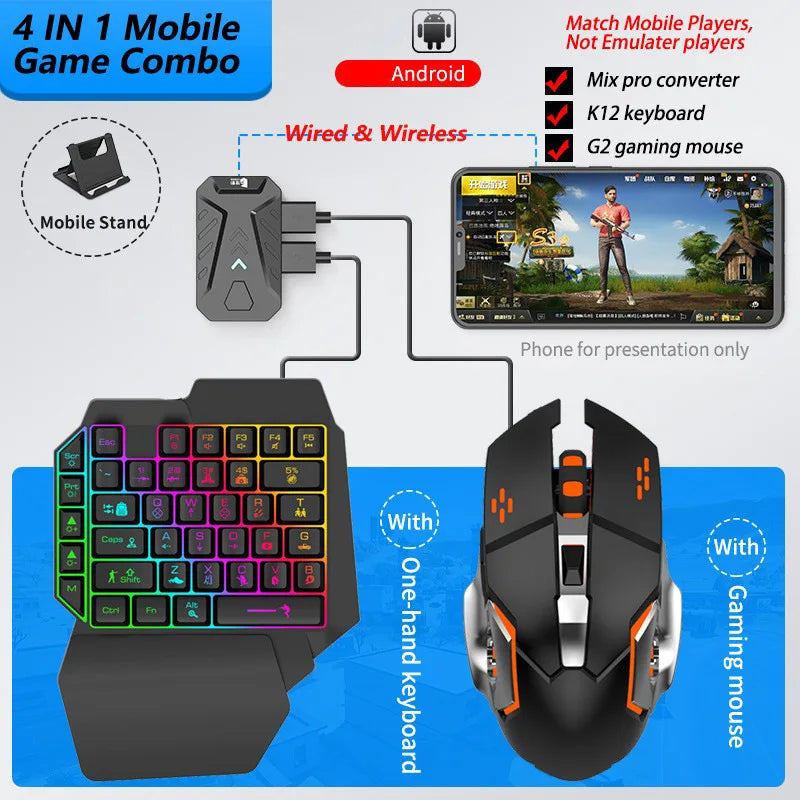 Mobile Games Converter Gaming Keyboard and Mouse Kit One Hand Gamer Keyboard Controller Bluetooth Wired Two Modes Mix Pro for PU