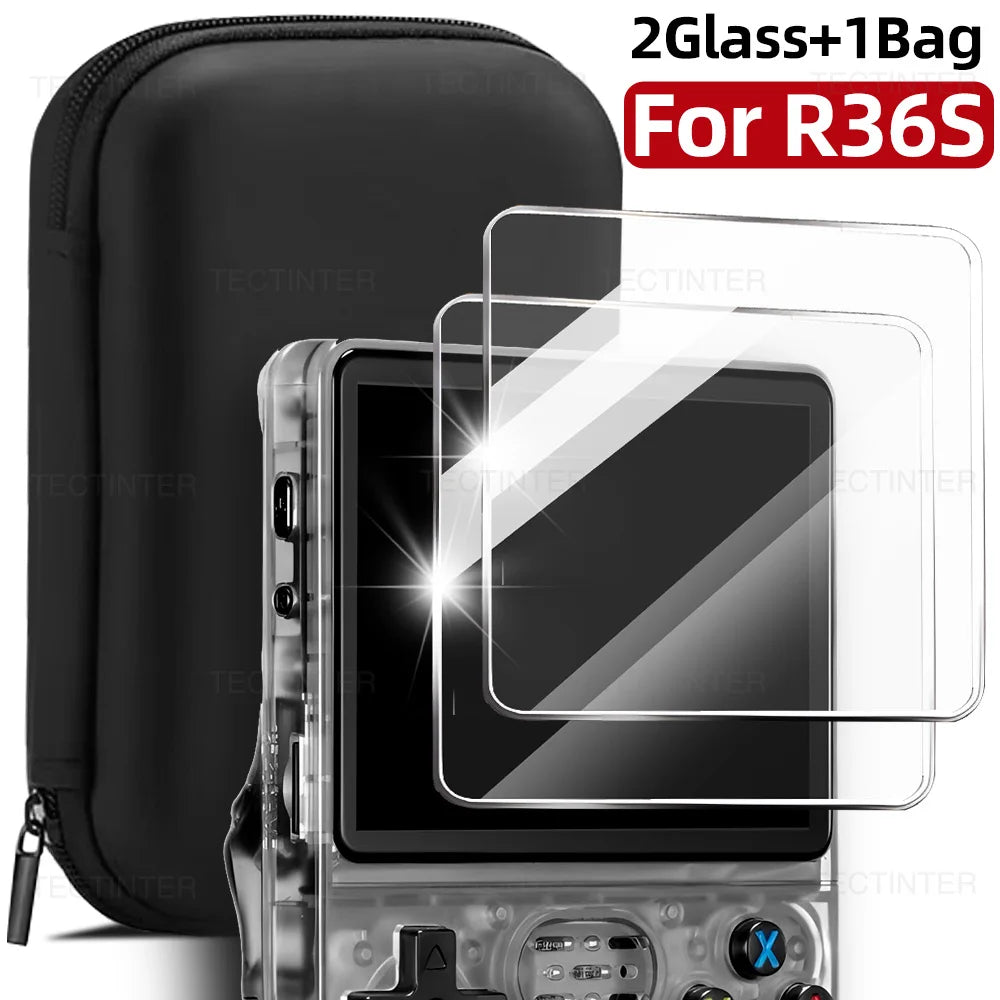 Glass+Bag for R36S/R35S Handheld Screen Protector Tempered Glass Protective Film & Portable Storage Case for R36S Accessories