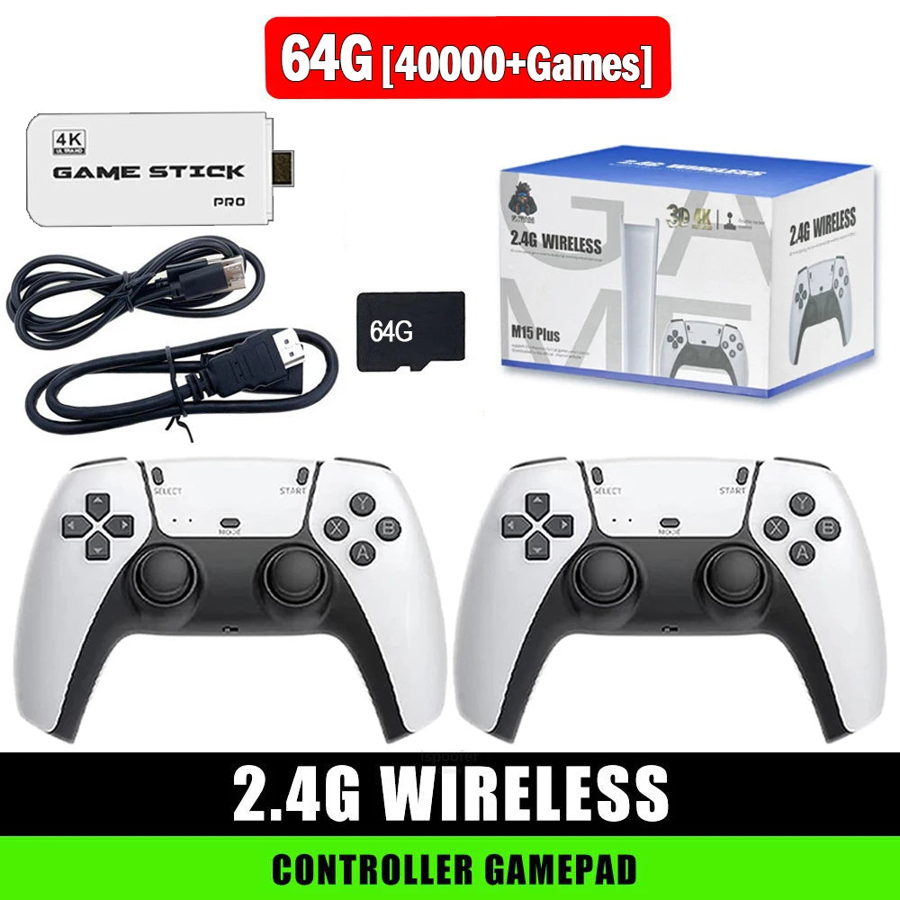 M15 Built-in 3/40000+ Retro Games 4K TV Game Stick 64GB Console with Wireless Gamepads, Supports 23+ Simulators for HD TV Gaming