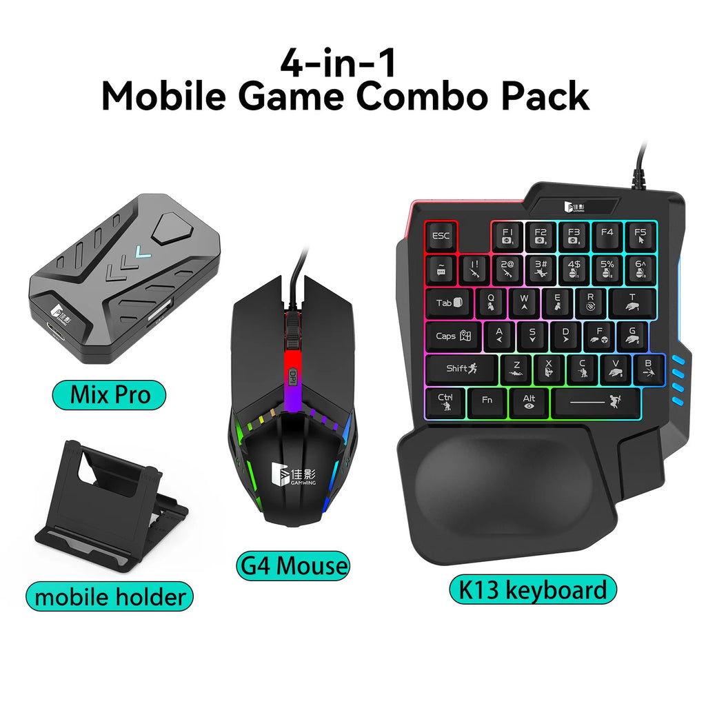 Mobile Games Converter Gaming Keyboard and Mouse Kit One Hand Gamer Keyboard Controller Bluetooth Wired Two Modes Mix Pro for PU