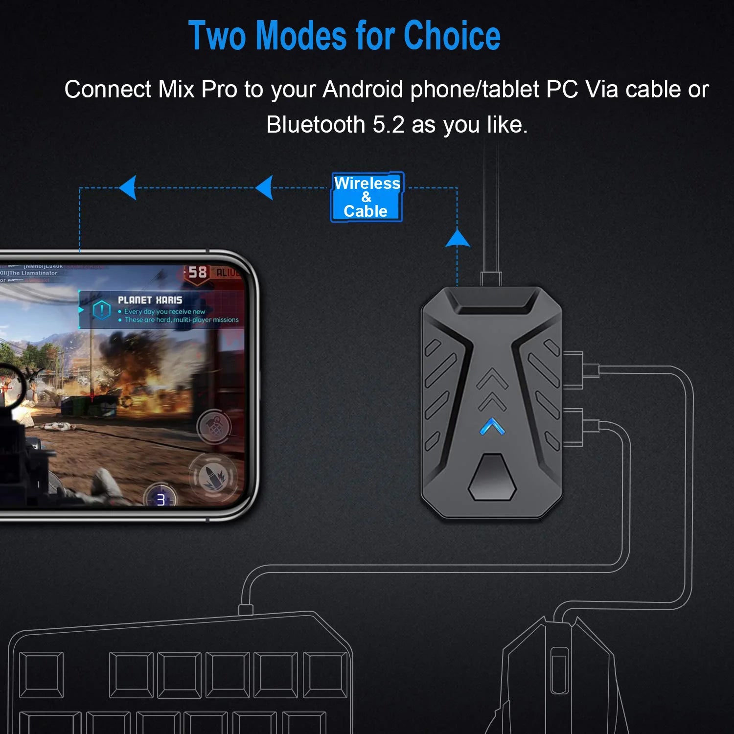 Mobile Games Converter Gaming Keyboard and Mouse Kit One Hand Gamer Keyboard Controller Bluetooth Wired Two Modes Mix Pro for PU