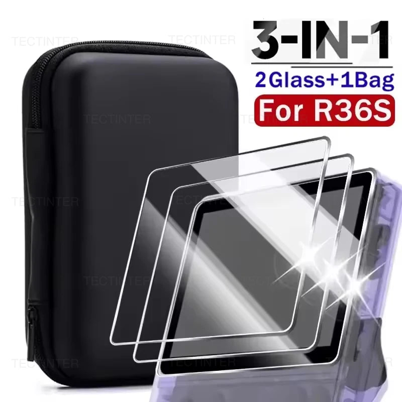 Glass+Bag for R36S/R35S Handheld Screen Protector Tempered Glass Protective Film & Portable Storage Case for R36S Accessories